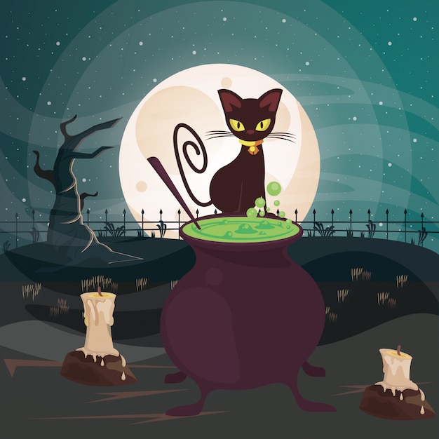 Halloween dark scene with black cat and cauldron