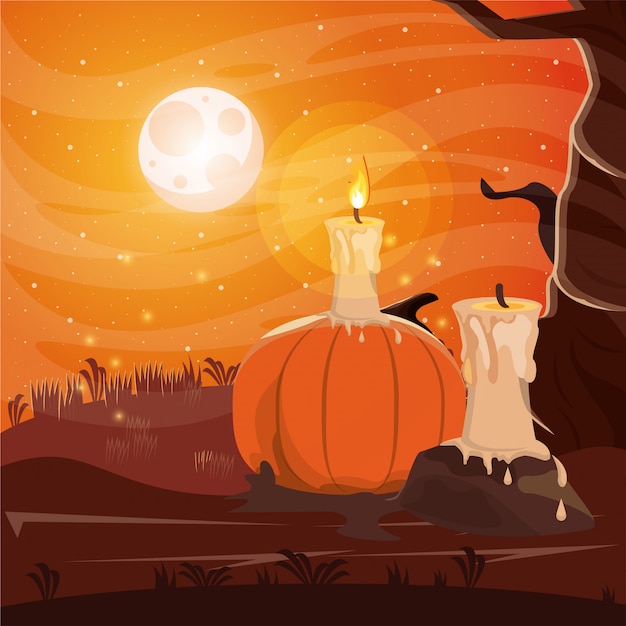 Vector halloween dark scene with candle in dark night