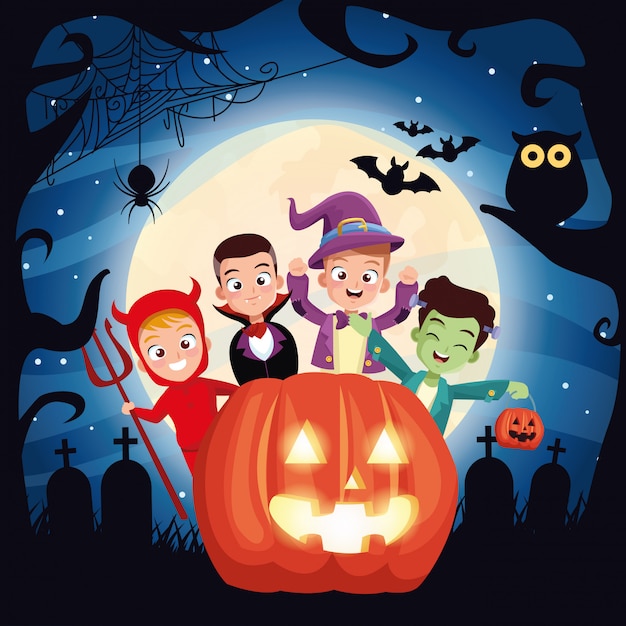 Vector halloween dark scene with kids disguised and pumpkin