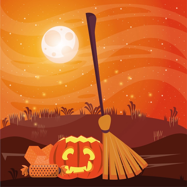 Halloween dark scene with pumpkin and candies
