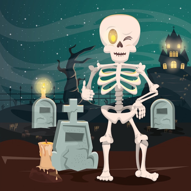 Halloween dark scene with skeleton in cemetery
