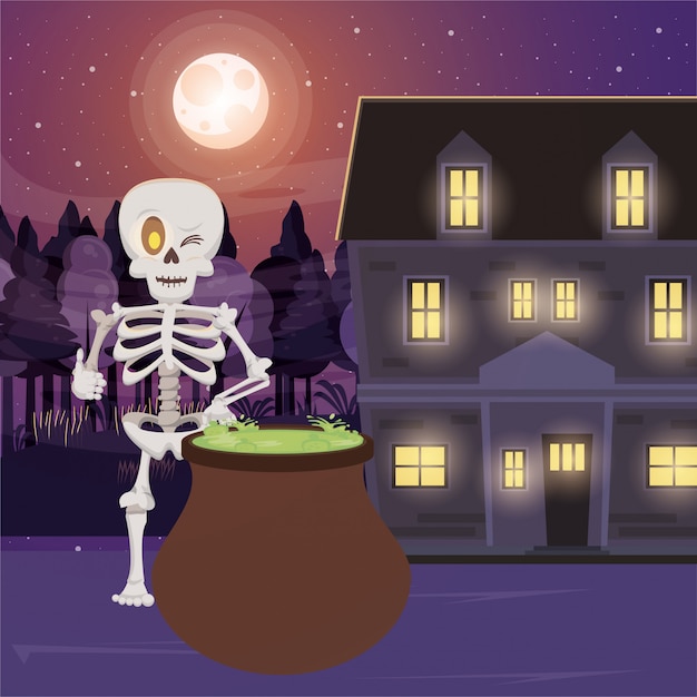 Scena oscura di halloween con scheletro