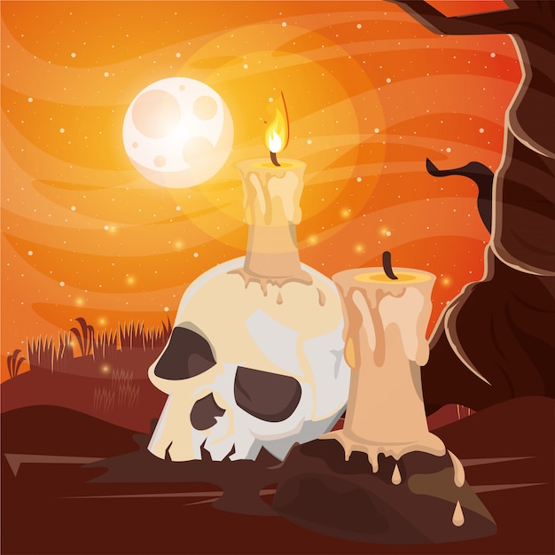 Halloween dark scene with skull head