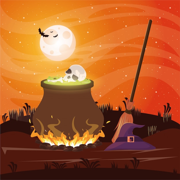 Halloween dark scene with witch cauldron