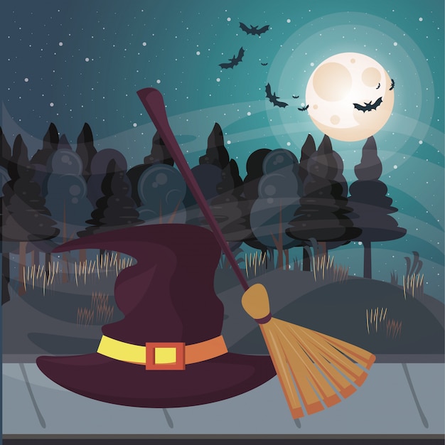 Halloween dark scene with witch hat