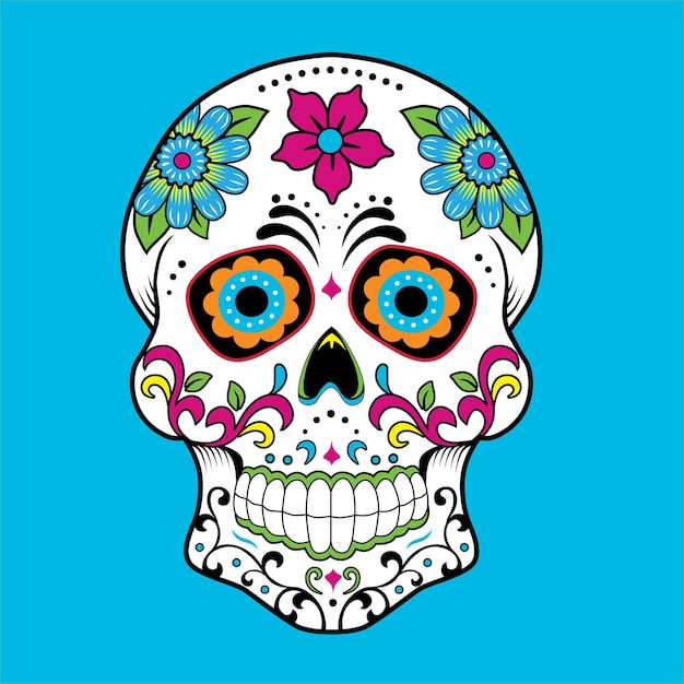 Halloween Day of the Dead skull with colorful  blue background