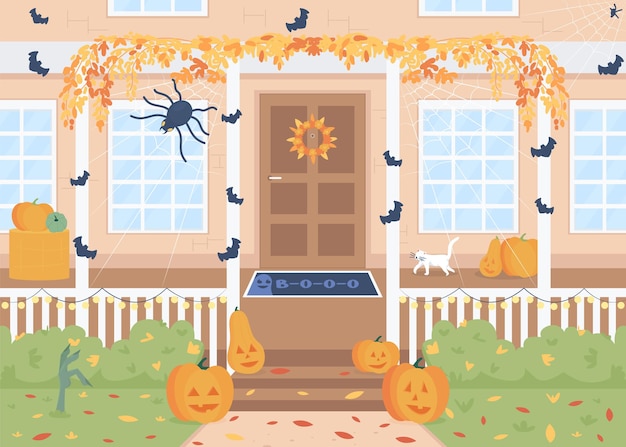 Halloween day home exterior flat color vector illustration. Home porch with carved pumpkings. Autumn season. Decorated house 2D cartoon outdoors with spiders and bats decor on background