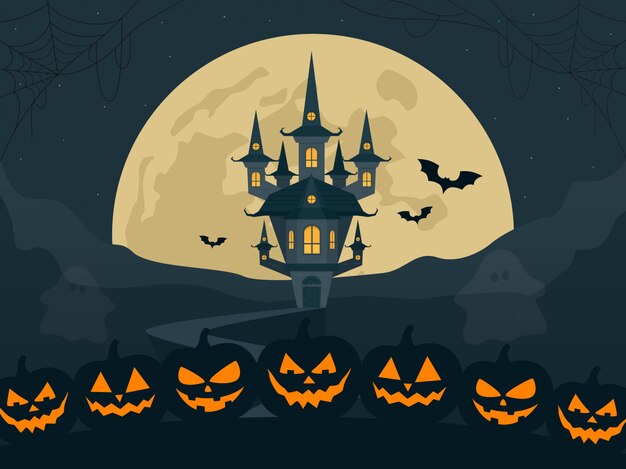 Halloween-de illustratie van het nachtlandschap met maan en eng kasteel en pompoenen.