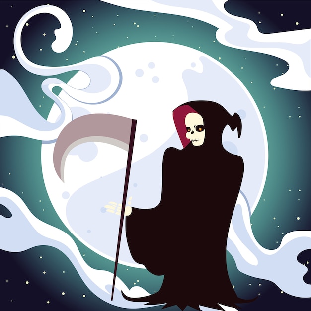 Halloween death cartoon with skull mask at night design, Holiday and scary theme illustration