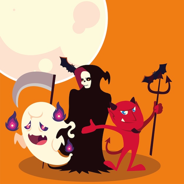 Halloween death ghost and devil cartoons design, Holiday and scary theme illustration