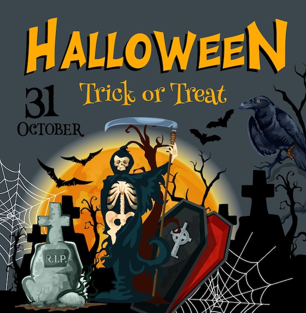 Хэллоуин вечеринка смерти трюк или угощение векторный плакат