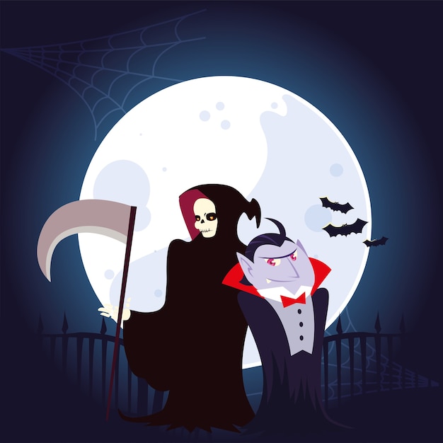 夜のデザイン、休日、怖いテーマでハロウィーンの死と吸血鬼の漫画