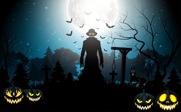 Halloween death with grim reaper and pumpkins in the graveyard