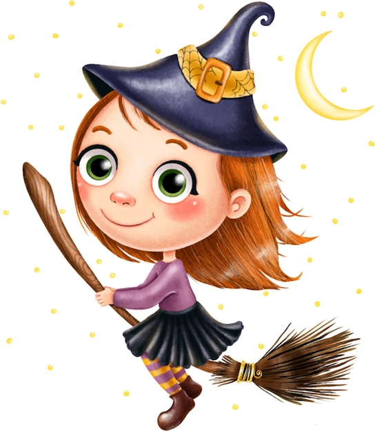 Halloween decor Cute witch flying on a broomstick wearing a hat