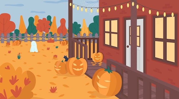 Vector halloween decorated yard flat color illustration. seasonal spooky pumpkins on lawn. home porch and light garland. festive house backyard 2d cartoon landscape with autumn background