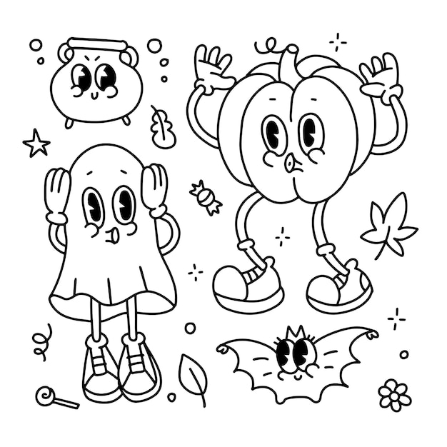 Halloween decorative design children coloring page composition pumpkin ghost bat and small cauldron