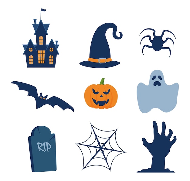 Elementi di design di halloween clipart di halloween con simboli tradizionali perfetti per l'invito a una festa