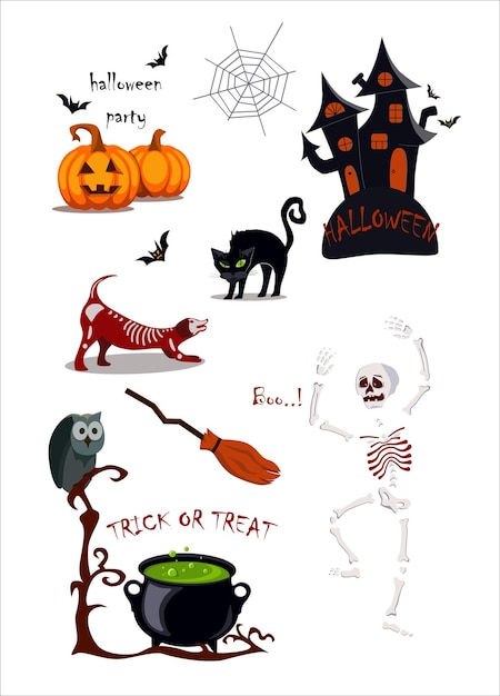 Элементы дизайна Хэллоуина Набор надписей и нарисованных от руки мультяшных рисунков Приглашения на вечеринку Наклейки
