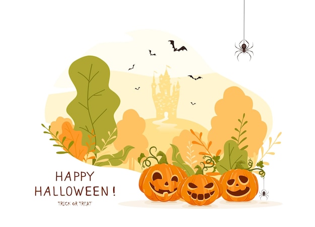 Halloween design Pumpkins on orange background with castle Holiday card with Jack O Lanterns bats and spiders Illustration in cartoon style can be used for holiday cards banners