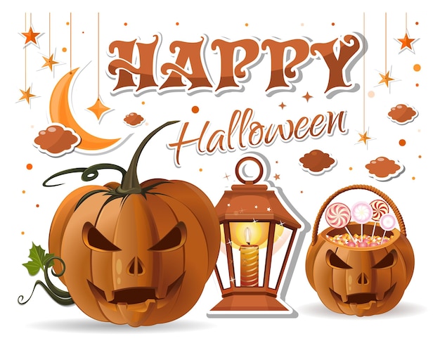 Дизайн на Хэллоуин с корзиной для Хэллоуина со сладостями, фонариком, горящей свечой, лампой, луной, звездами и надписью - Happy Halloween. Векторные иллюстрации, изолированные на белом фоне