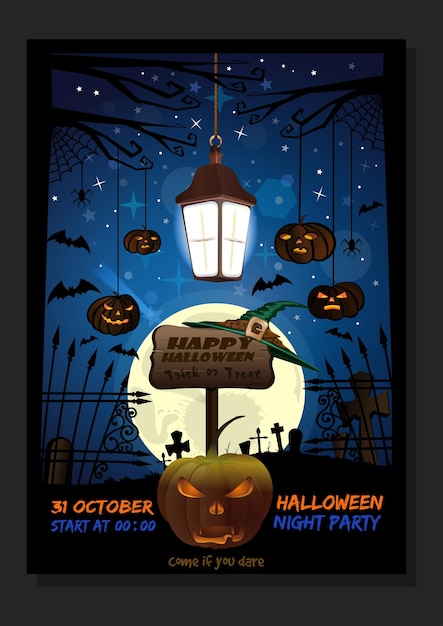 Дизайн хэллоуина с фонарем из тыквы на фоне кладбища и полнолуния. ночная вечеринка в честь хэллоуина. пригласительный билет. векторная иллюстрация