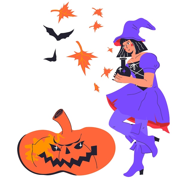 Halloween design with pumpkin monster and witch girl flat vector illustration