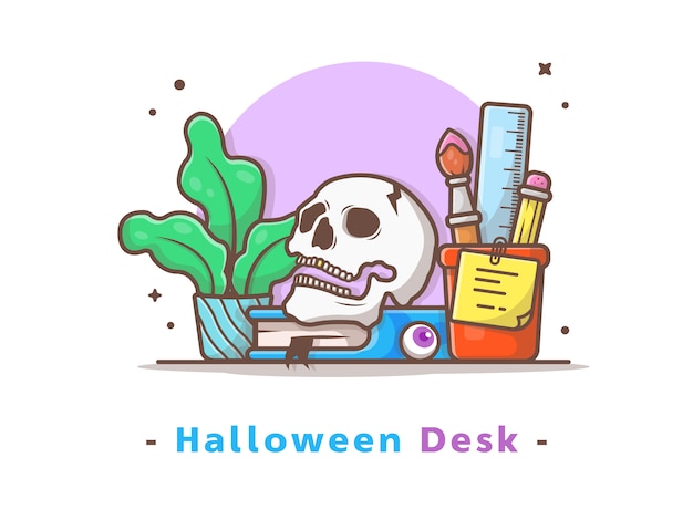 Scrittorio di halloween con l'illustrazione di vettore del cranio, del libro e della pianta