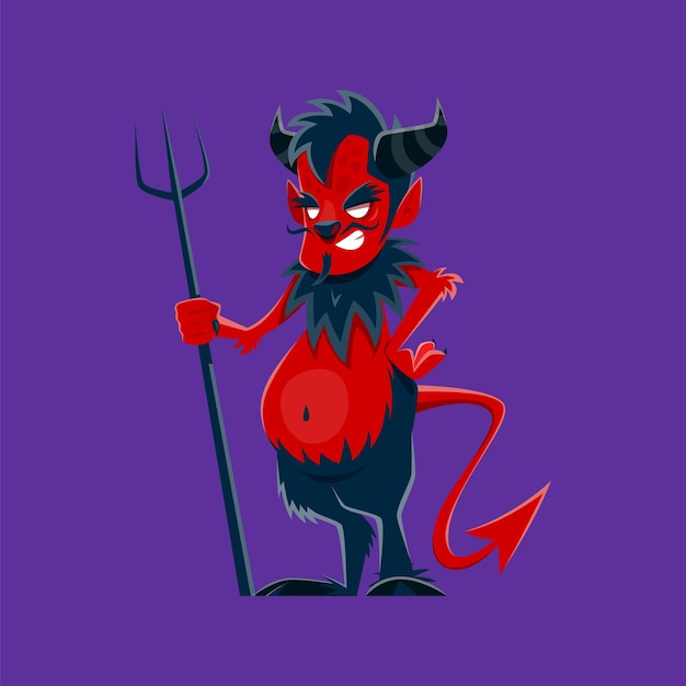 Vector halloween devil character or horror night holiday evil monster vector funny cartoon halloween celebration symbol of red hell devil with horns trident and grim smile for kids trick or treat party