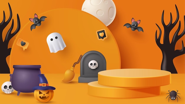 Halloween display podium decoration background with scary ornament vector 3d illustration