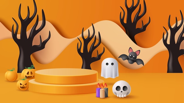 Vettore sfondo della decorazione del podio del display di halloween con l'illustrazione 3d di vettore dell'ornamento spaventoso