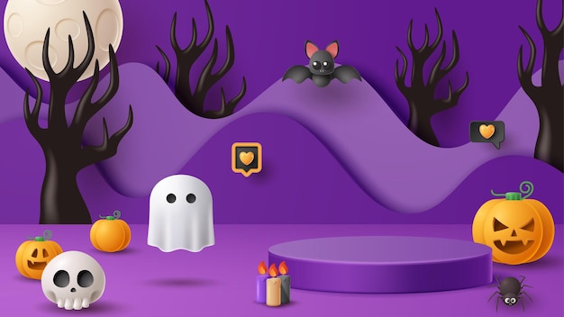 Halloween display podium decoration background with scary ornament Vector 3D Illustration