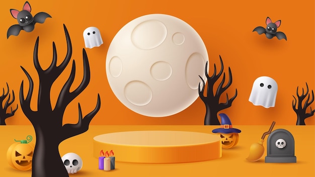 Vector halloween display podium decoration background with scary ornament vector 3d illustration