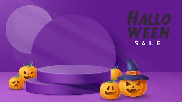 Halloween display podium decoration background with scary ornament Vector 3D Illustration