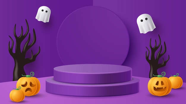 Halloween display podium decoration background with scary ornament vector 3d illustration