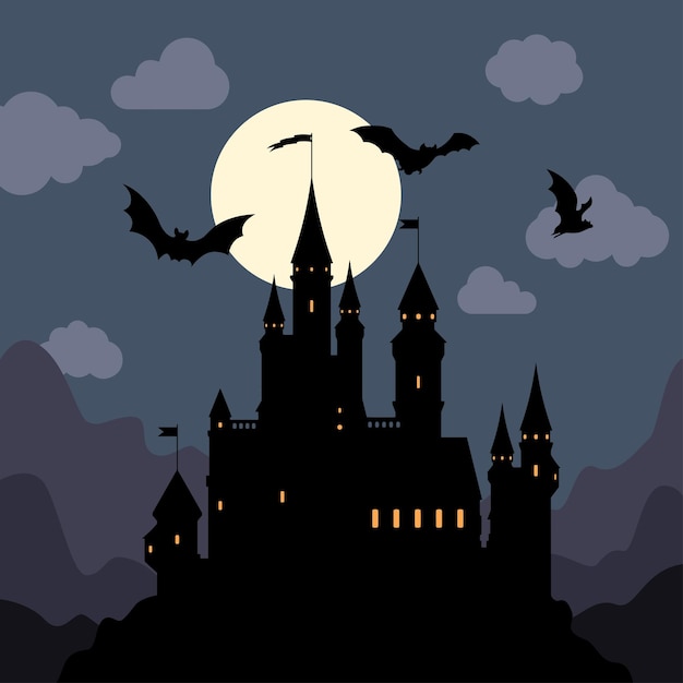 Halloween donkere gotische illustratie van een geweldig uitzicht op een kasteel en vleermuizen in de lucht in de nacht