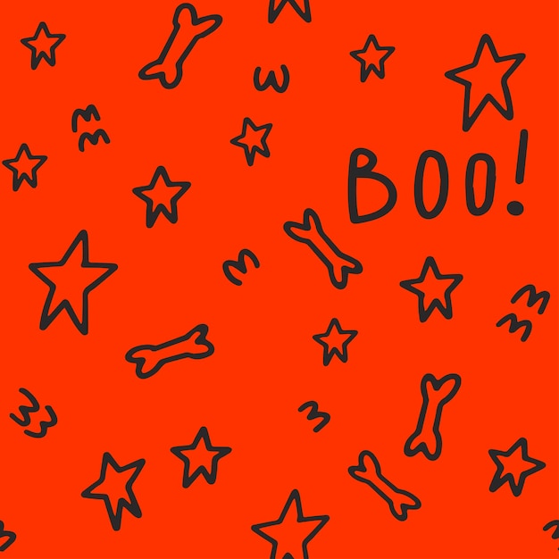 Vettore doodle di halloween modello senza cuciture con stelle e ossa per halloween decorazioni di colore arancione per un banner per halloween