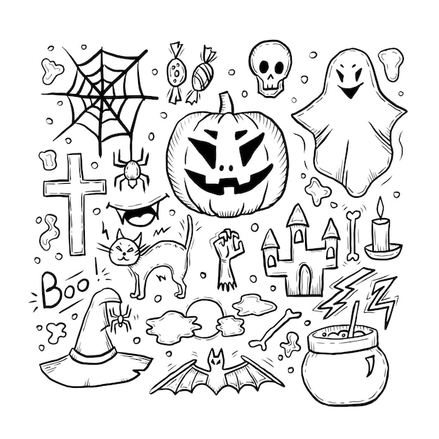 Vector halloween doodle set black and white square card