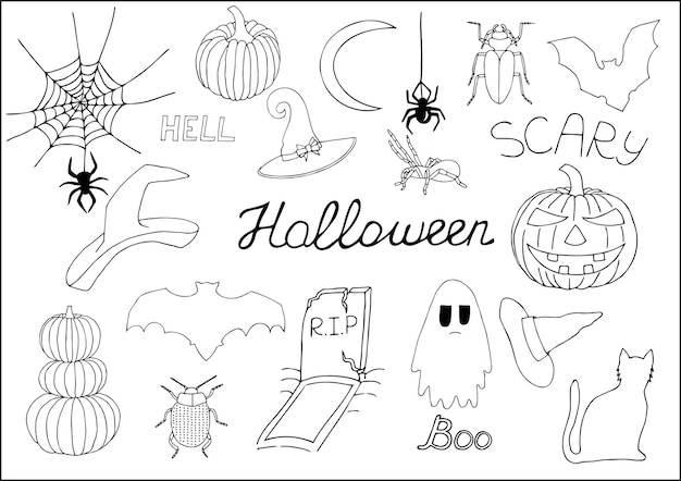 Halloween doodle set. Hand-drawn Halloween decorations.