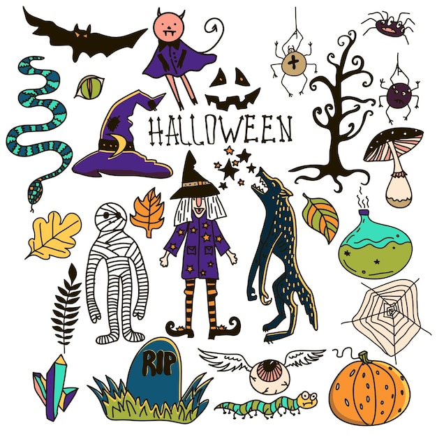 Halloween doodle set holiday illustrazione vettoriale disegnato a mano con zucche jack o lantern teschi strega fantasma pipistrello caramelle gatto nero ragni licantropo e così uno