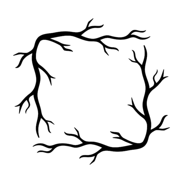 Vettore cornice quadrata di halloween doodle isolata. elemento spettrale di vettore disegnato a mano di alberi, rami d'autunno