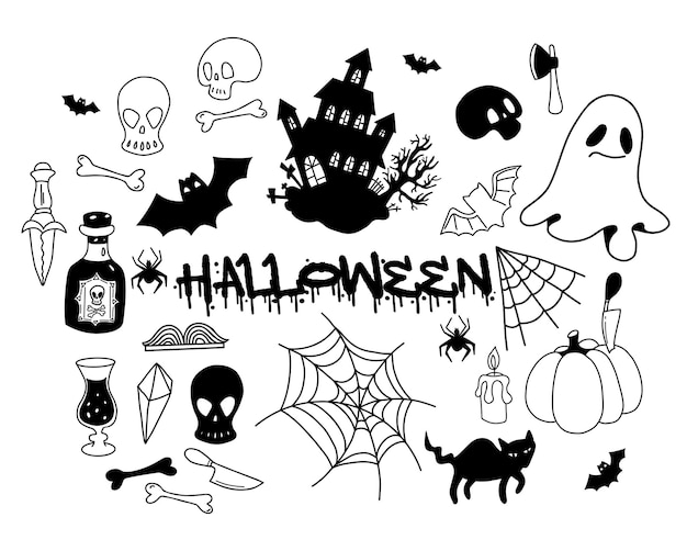 Хэллоуинские каракули Жуткий мистический дом с летучей мышью и паутиной, ром, кости черепа, тыква и призрак