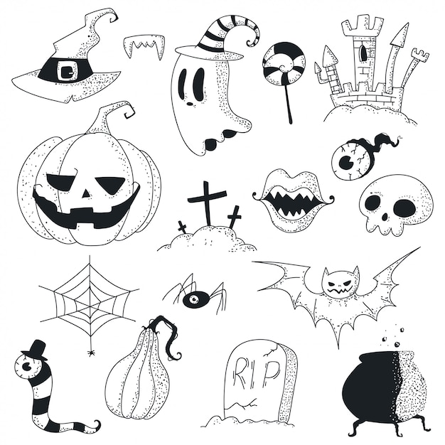 Halloween doodles icon set.