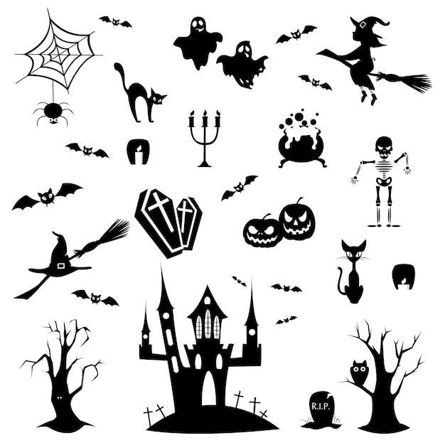 Scarabocchi di halloween impostati su sfondo bianco fantasma spettrale e strega e castello di zucca
