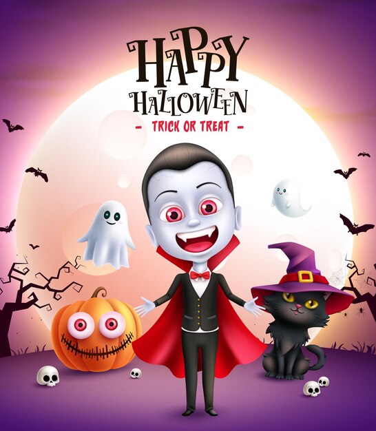 Halloween dracula character vector design Happy halloween greeting card with cute spooky vampire