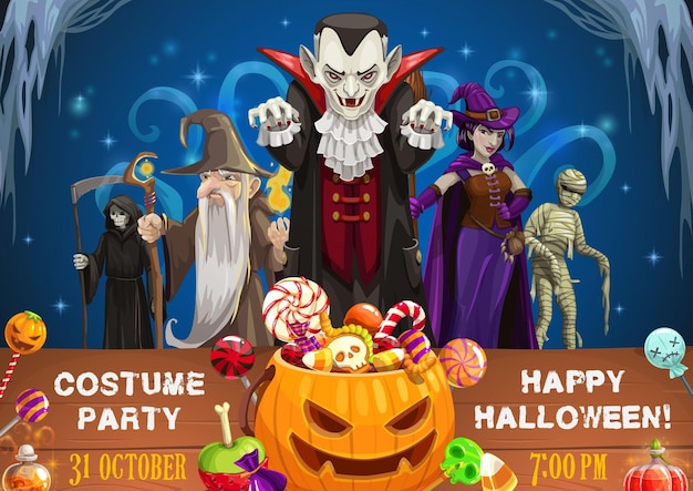 Halloween dracula morte strega mummia e mago