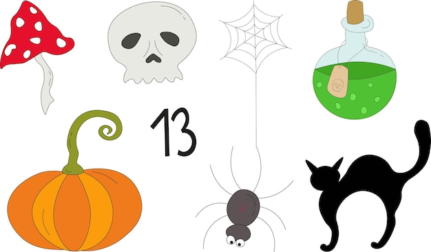 Halloween drawings illustration. Happy Halloween designs set black and white elements.