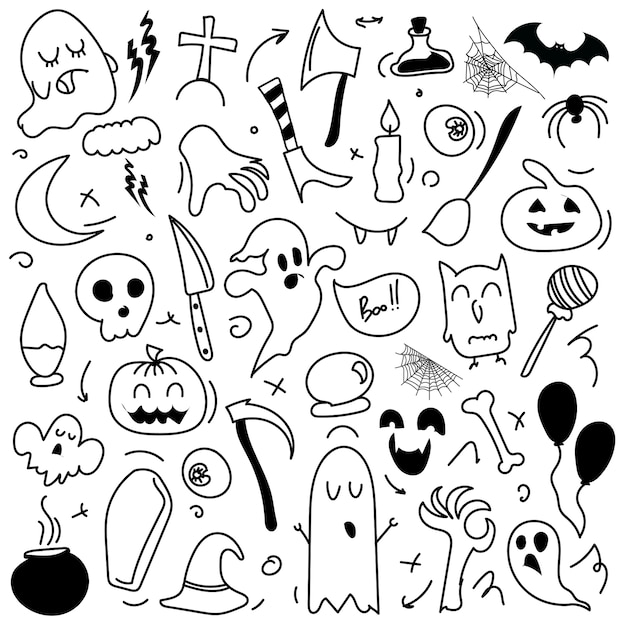 Insieme di disegni di halloween di elementi di design. doodle di halloween.