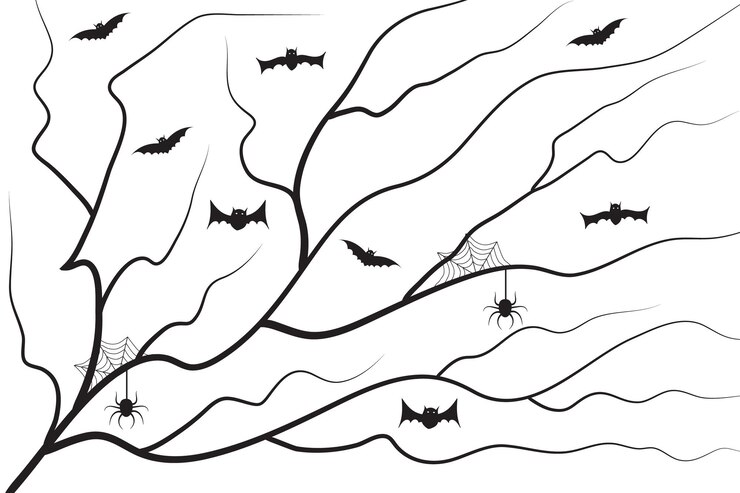 Vector halloween dry tree with stretched bat hanging on spider web black and white isolated background