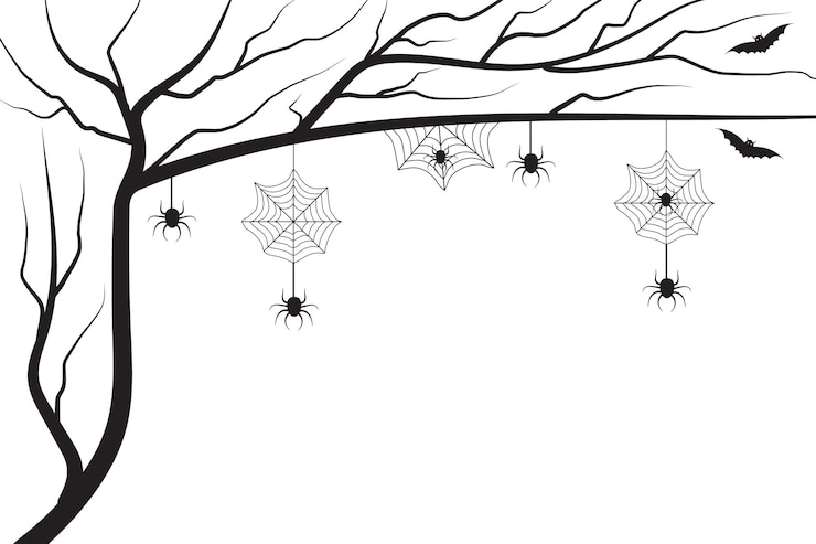 Vector halloween dry tree with stretched bat hanging on spider web black and white isolated background