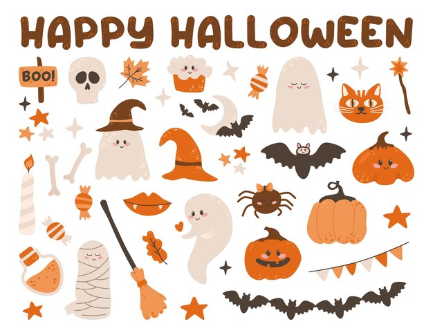 Набор элементов Хэллоуина Поздравительная открытка, пригласительный плакат или наклейка